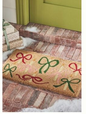 Anthropologie Bow Printed Coir Door Mat with Pink, Green & Red Bow Design NEW